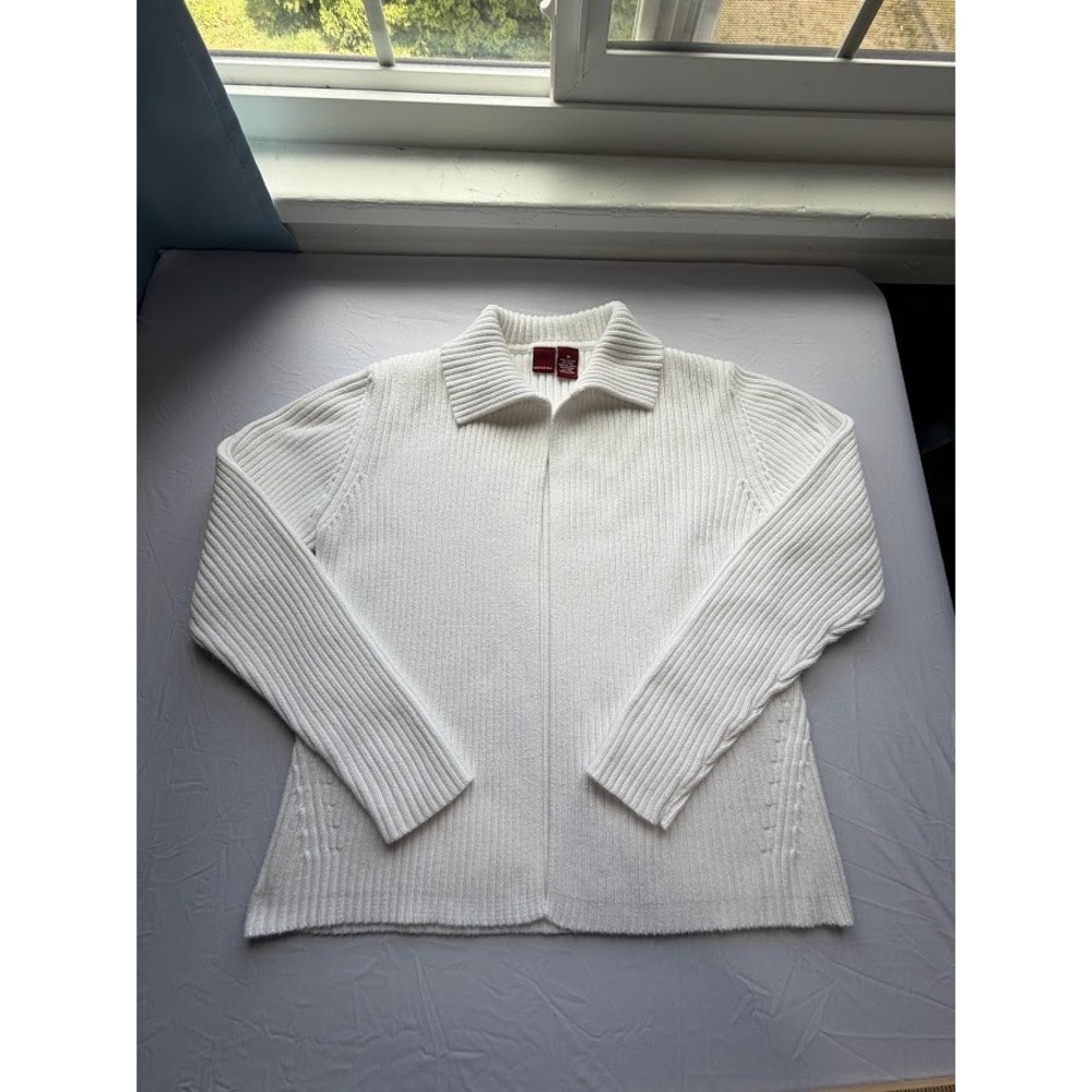 VTG Merona Women's White Ribbed Knit Long Sleeve Collared Sweater Cotton Size M